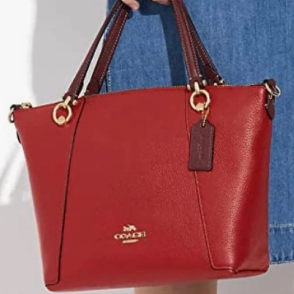 Coach Red Pebbled Leather Satchel with Dark Brown Trim and Gold Hardware